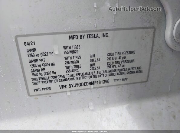 5YJYGDED9MF181396 2021 TESLA MODEL Y Белый Вид подкапотного пространства