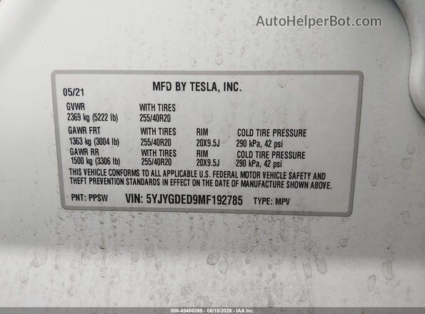 5YJYGDED9MF192785 2021 TESLA MODEL Y White Engine compartment view