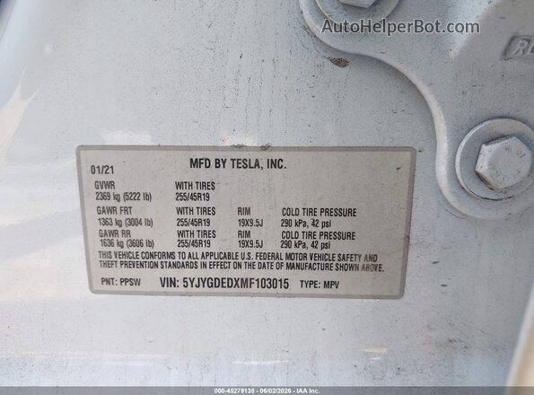 5YJYGDEDXMF103015 2021 TESLA MODEL Y White Вид підкапотного простору