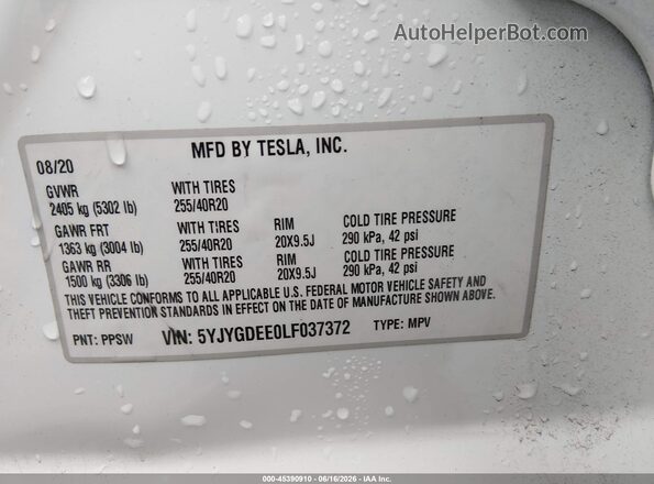 5YJYGDEE0LF037372 2020 TESLA MODEL Y White Engine compartment view