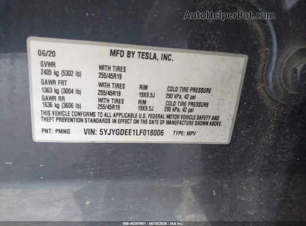 5YJYGDEE1LF018006 2020 TESLA MODEL Y Gray Вид підкапотного простору