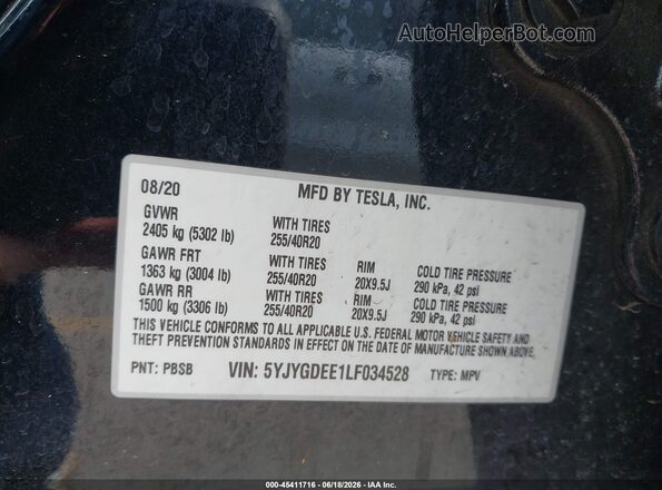 5YJYGDEE1LF034528 2020 TESLA MODEL Y Black Շարժիչի բաժամունքի տեսք