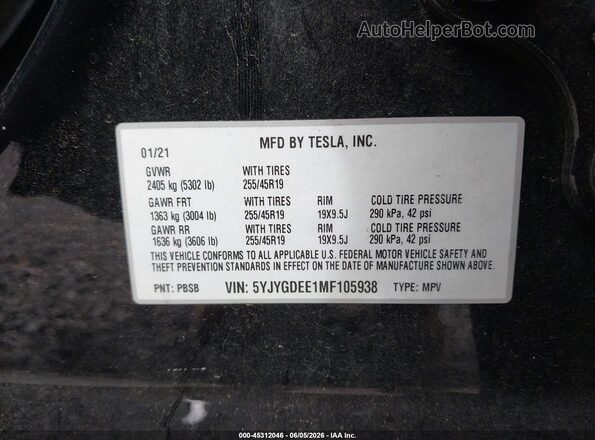 5YJYGDEE1MF105938 2021 TESLA MODEL Y Черный Вид подкапотного пространства