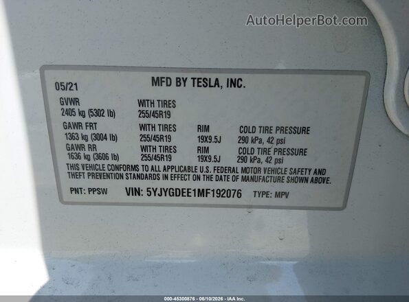 5YJYGDEE1MF192076 2021 TESLA MODEL Y White Շարժիչի բաժամունքի տեսք
