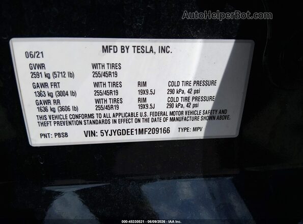 5YJYGDEE1MF209166 2021 TESLA MODEL Y Black Շարժիչի բաժամունքի տեսք