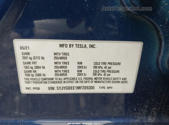 5YJYGDEE1MF209300 2021 TESLA MODEL Y Blue Vista del compartimento del motor