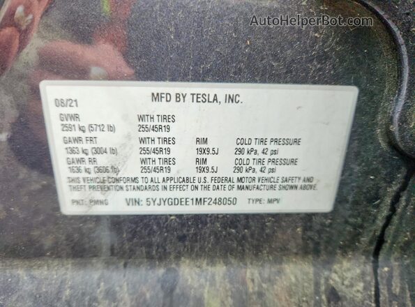 5YJYGDEE1MF248050 2021 TESLA MODEL Gray VIN կոդի պիտակի տեսք