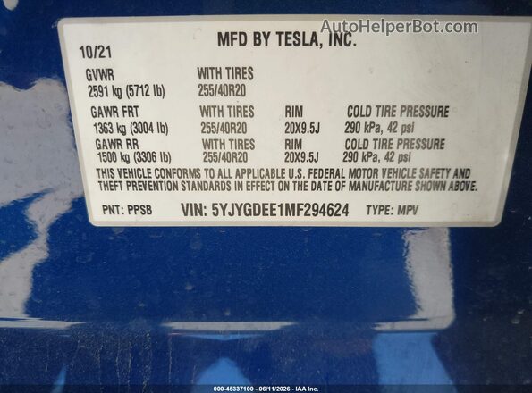 5YJYGDEE1MF294624 2021 TESLA MODEL Y Синий Вид подкапотного пространства