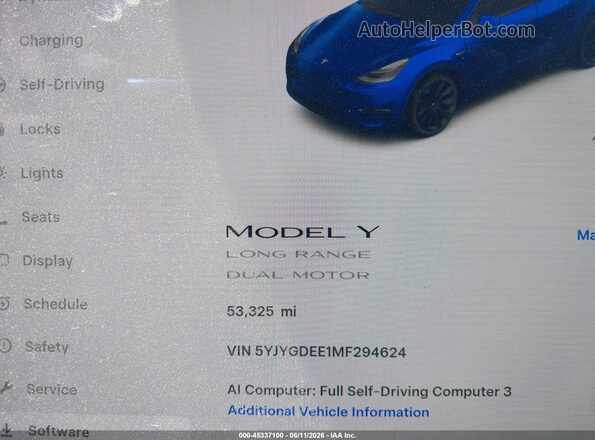 5YJYGDEE1MF294624 2021 TESLA MODEL Y Синий 