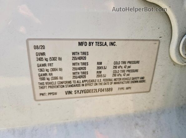 5YJYGDEE2LF041889 2020 TESLA MODEL White 