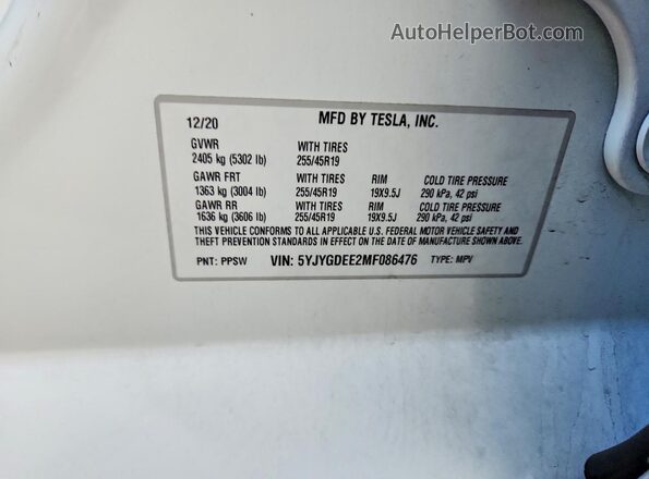 5YJYGDEE2MF086476 2021 TESLA MODEL White VIN sticker view