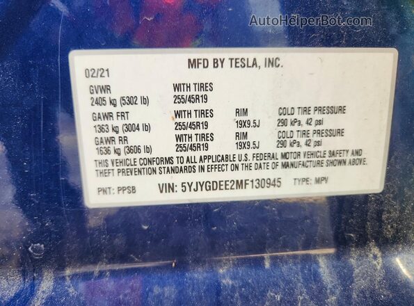 5YJYGDEE2MF130945 2021 TESLA MODEL Blue 360 interior view