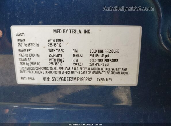 5YJYGDEE2MF196282 2021 TESLA MODEL Y Dark Blue Вид підкапотного простору