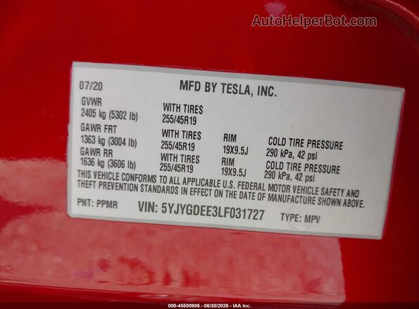 5YJYGDEE3LF031727 2020 TESLA MODEL Y Красный Вид подкапотного пространства