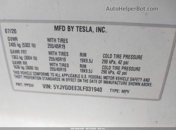 5YJYGDEE3LF031940 2020 TESLA MODEL Y White ძრავის განყოფილების ხედი