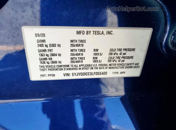 5YJYGDEE3LF055400 2020 TESLA MODEL Синий Панорамный вид салона 360°