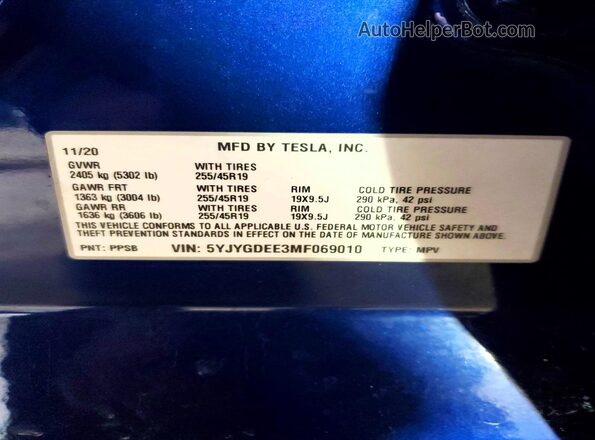 5YJYGDEE3MF069010 2021 TESLA MODEL Синий Вид подкапотного пространства