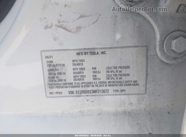 5YJYGDEE3MF213672 2021 TESLA MODEL Y Белый Вид подкапотного пространства