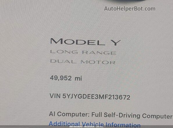 5YJYGDEE3MF213672 2021 TESLA MODEL Y Белый 