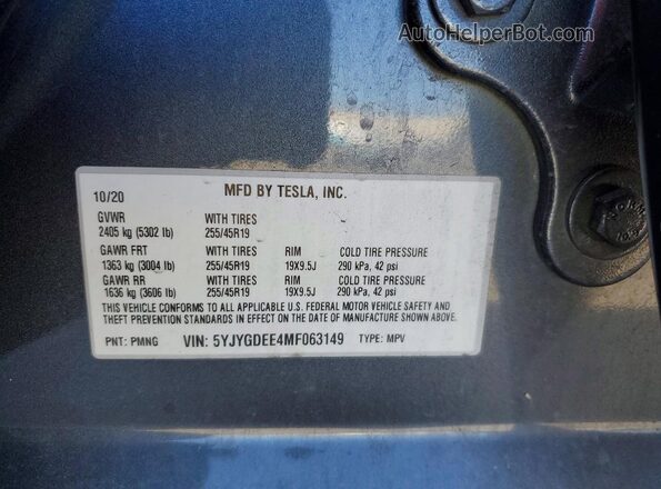 5YJYGDEE4MF063149 2021 TESLA MODEL Charcoal VIN կոդի պիտակի տեսք