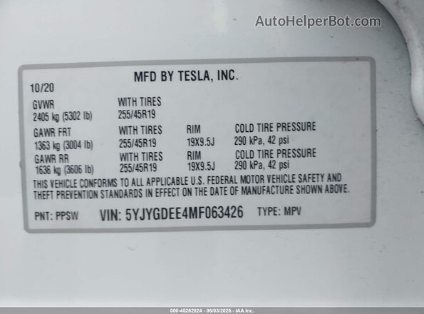 5YJYGDEE4MF063426 2021 TESLA MODEL Y White Widok komory silnika