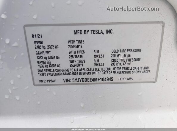 5YJYGDEE4MF104945 2021 TESLA MODEL Y White Շարժիչի բաժամունքի տեսք