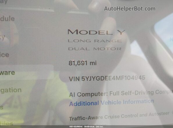 5YJYGDEE4MF104945 2021 TESLA MODEL Y White 