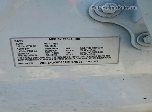 5YJYGDEE4MF179533 2021 TESLA MODEL White VIN sticker view