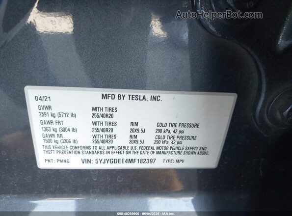 5YJYGDEE4MF182397 2021 TESLA MODEL Y Gray Շարժիչի բաժամունքի տեսք
