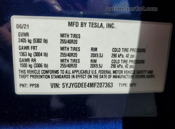 5YJYGDEE4MF207363 2021 TESLA MODEL Blue Շարժիչի բաժամունքի տեսք