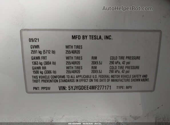 5YJYGDEE4MF277171 2021 TESLA MODEL Y White ძრავის განყოფილების ხედი