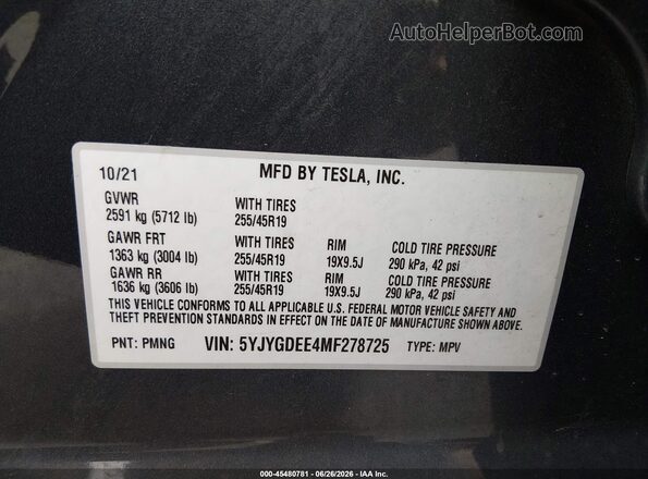 5YJYGDEE4MF278725 2021 TESLA MODEL Y Gray Вид підкапотного простору