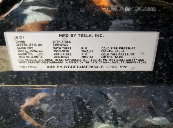 5YJYGDEE4MF285416 2021 TESLA MODEL Black VIN կոդի պիտակի տեսք