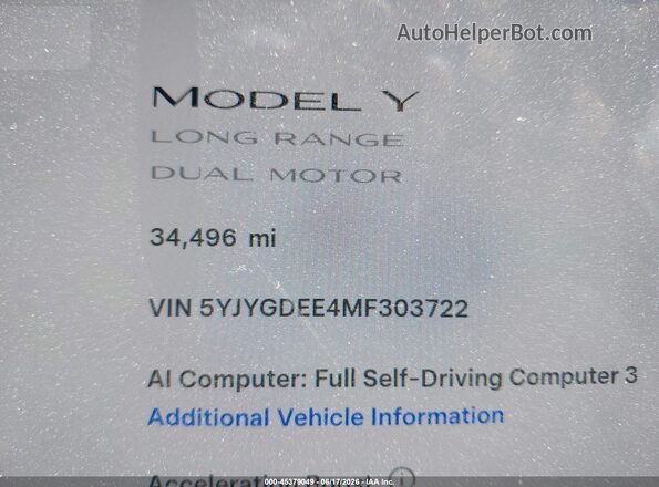 5YJYGDEE4MF303722 2021 TESLA MODEL Y Белый Вид подкапотного пространства