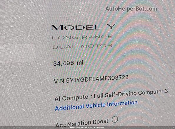 5YJYGDEE4MF303722 2021 TESLA MODEL Y Белый 
