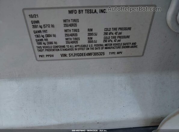 5YJYGDEE4MF305325 2021 TESLA MODEL Y White Engine compartment view