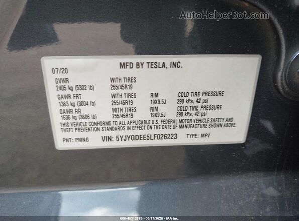 5YJYGDEE5LF026223 2020 TESLA MODEL Y Gray Vista del compartimento del motor