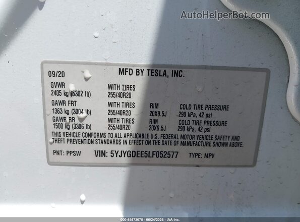 5YJYGDEE5LF052577 2020 TESLA MODEL Y Белый Вид подкапотного пространства