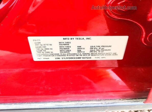 5YJYGDEE5MF187544 2021 TESLA MODEL Burgundy VIN կոդի պիտակի տեսք