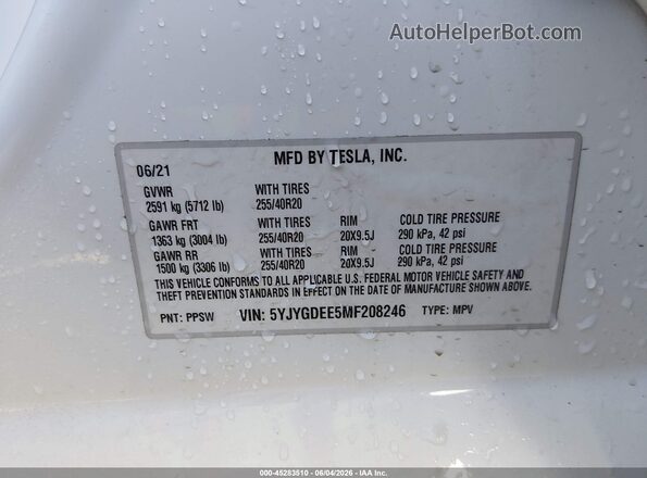 5YJYGDEE5MF208246 2021 TESLA MODEL Y Белый Вид подкапотного пространства