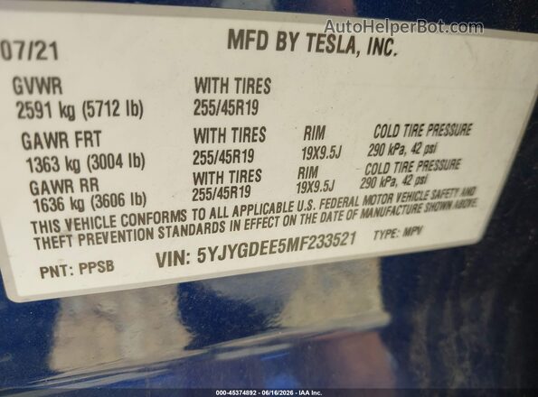 5YJYGDEE5MF233521 2021 TESLA MODEL Y Blue Вид підкапотного простору