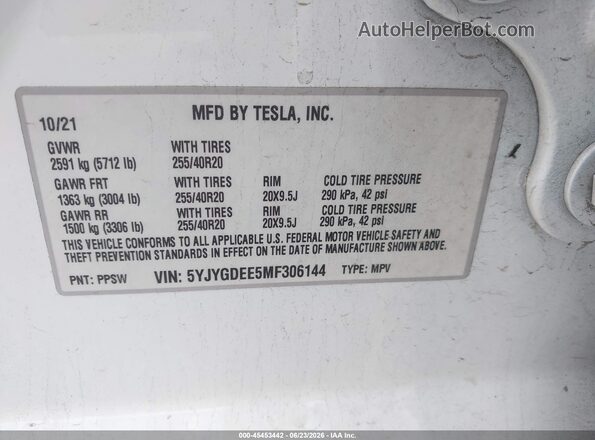 5YJYGDEE5MF306144 2021 TESLA MODEL Y White Engine compartment view