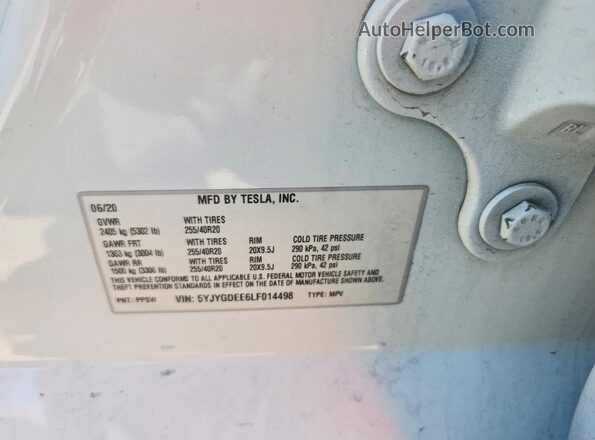 5YJYGDEE6LF014498 2020 TESLA MODEL White 