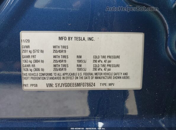 5YJYGDEE6MF078624 2021 TESLA MODEL Y Blue Вид підкапотного простору