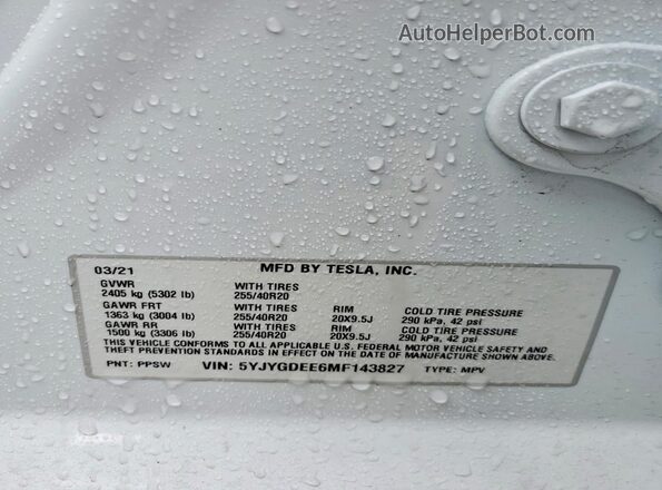 5YJYGDEE6MF143827 2021 TESLA MODEL White Սալոնի 360 աստիճան տեսք