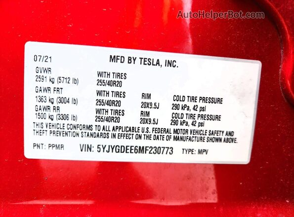 5YJYGDEE6MF230773 2021 TESLA MODEL Red VIN կոդի պիտակի տեսք