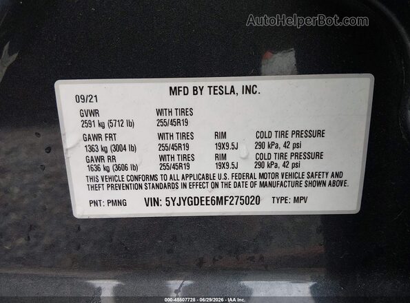 5YJYGDEE6MF275020 2021 TESLA MODEL Y Gray Widok komory silnika