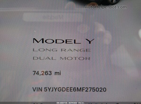 5YJYGDEE6MF275020 2021 TESLA MODEL Y Gray 