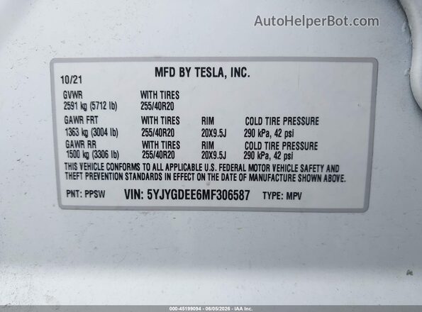 5YJYGDEE6MF306587 2021 TESLA MODEL Y White Շարժիչի բաժամունքի տեսք