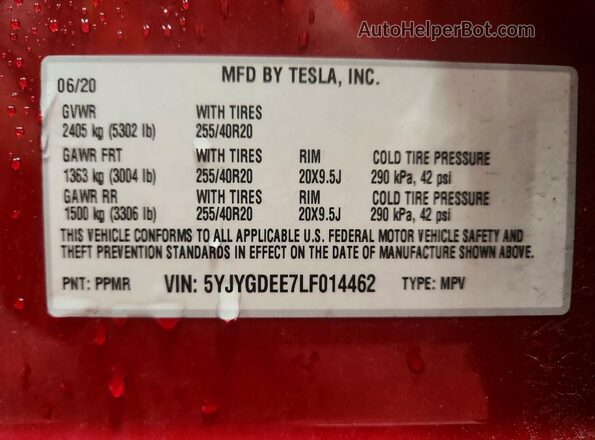 5YJYGDEE7LF014462 2020 TESLA MODEL Red 